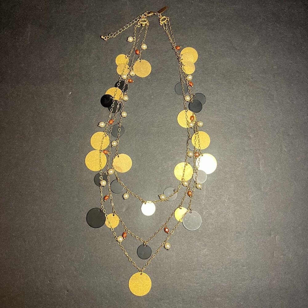 Boho Gypsy Gold Tone & Black Circle Multi Layered Glam Statement Necklace 18"